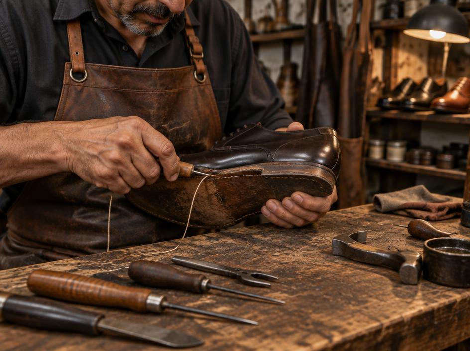 Sapateiro reparando a sola de um sapato de couro
